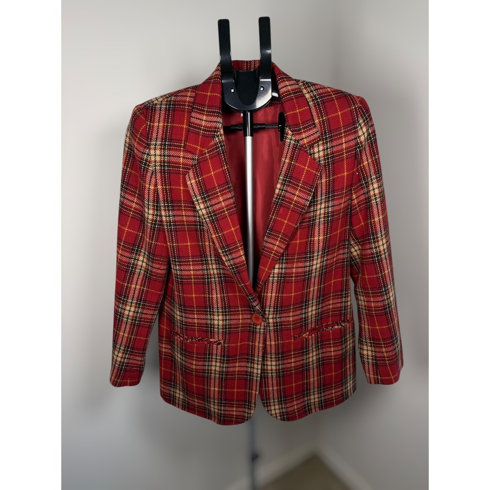 Fundamental Things Petites Red Plaid Wool Blend Blazer Jacket Size 8P 55186LM‎